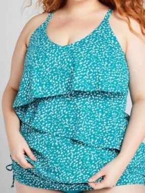 Cacique Swim Flounce Tiered Tankini Top size 26 nwt teal white print